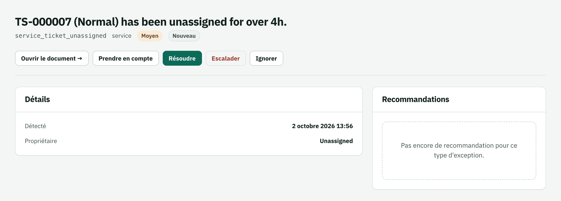 Exception : un ticket de support non assigné depuis plus de 4 heures
