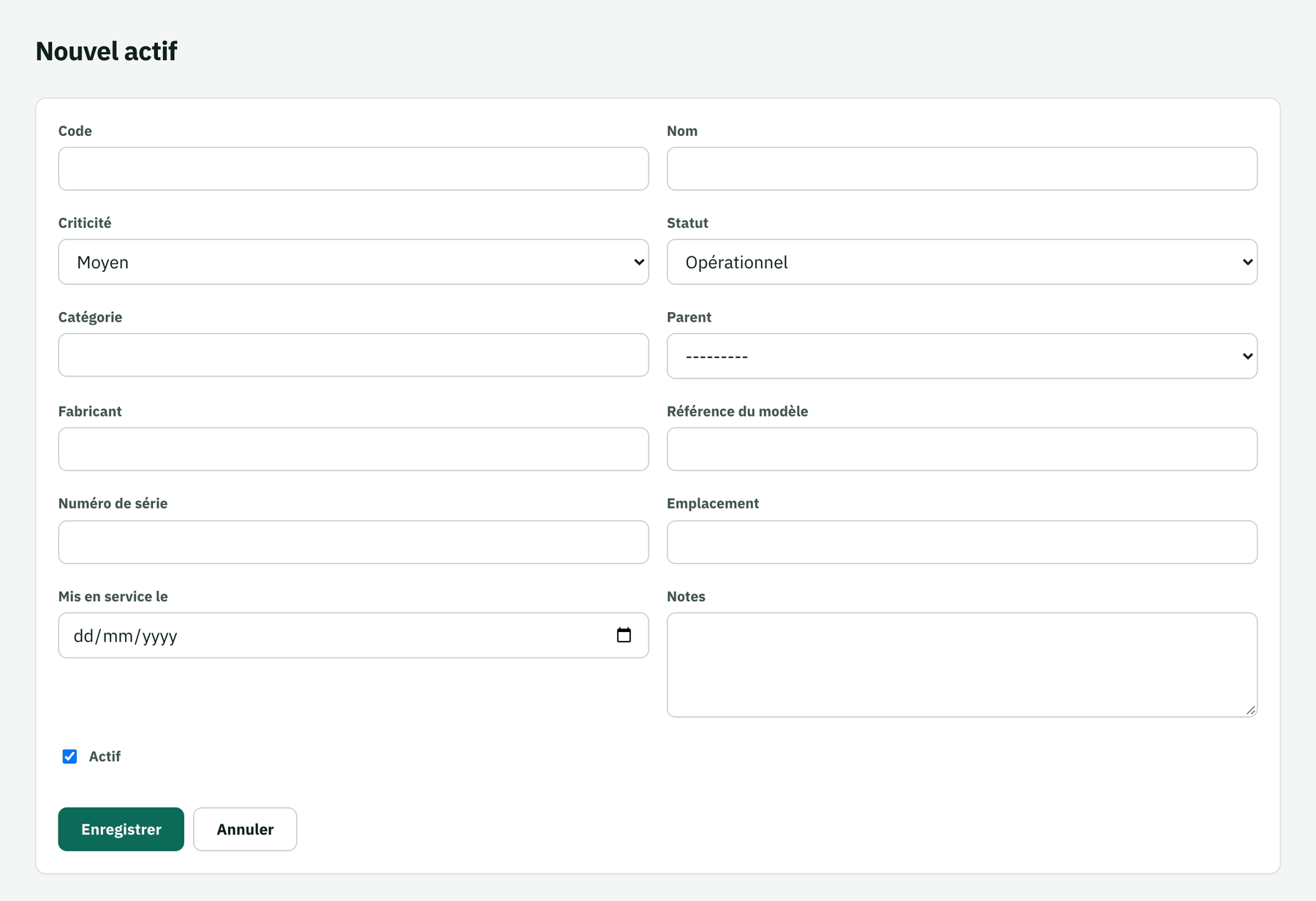Formulaire de nouvel actif