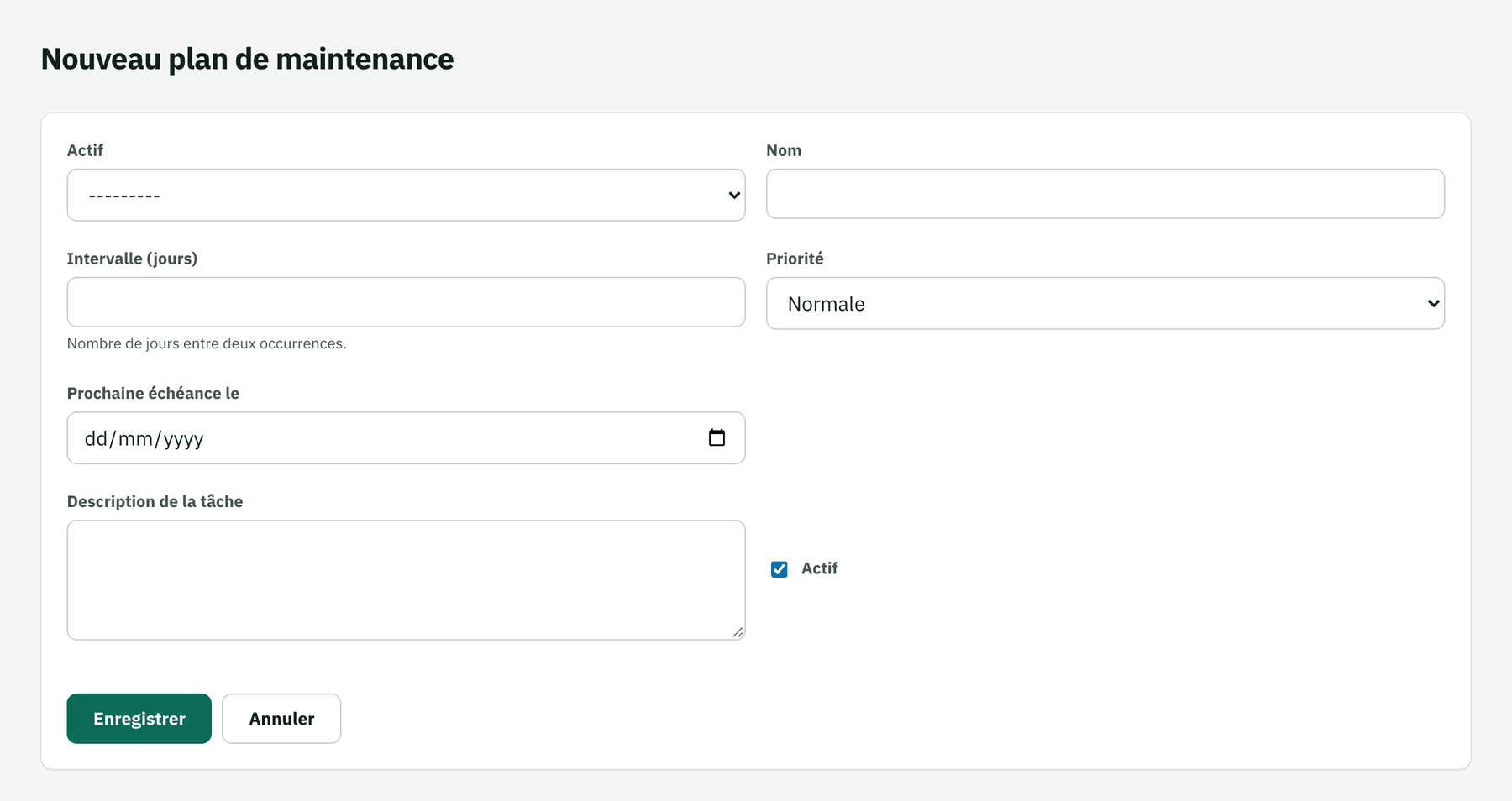 Formulaire de nouveau plan de maintenance