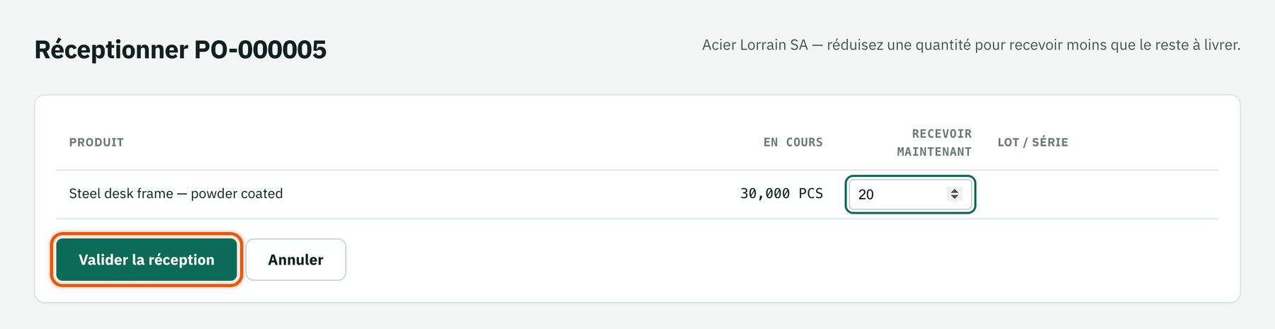 Réception de PO-000005 : 20 piètements en acier sur 30 arrivent