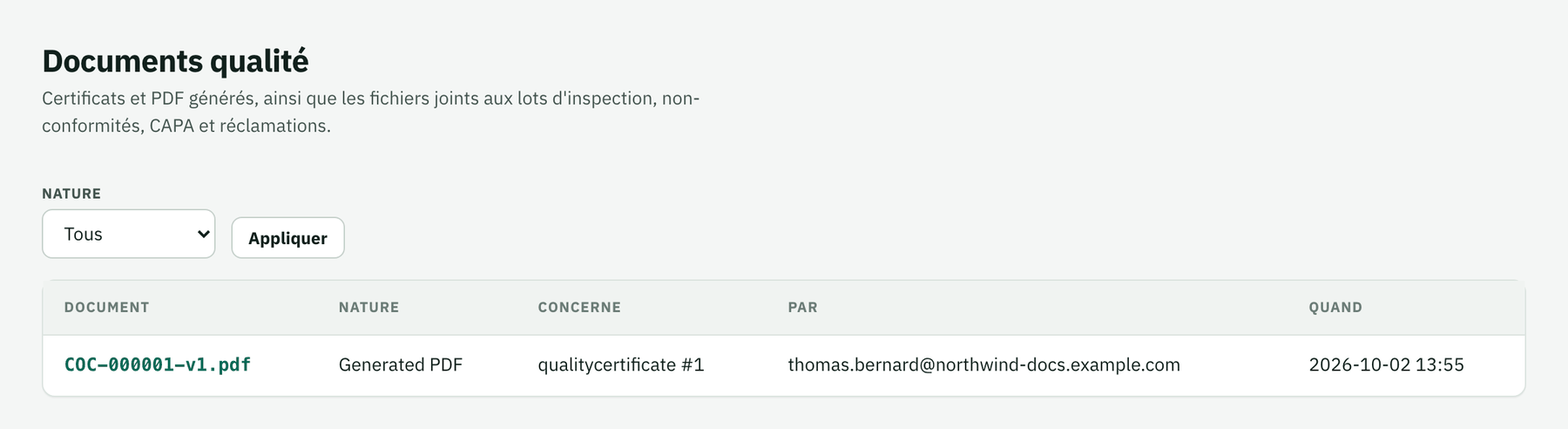 Liste des documents qualité