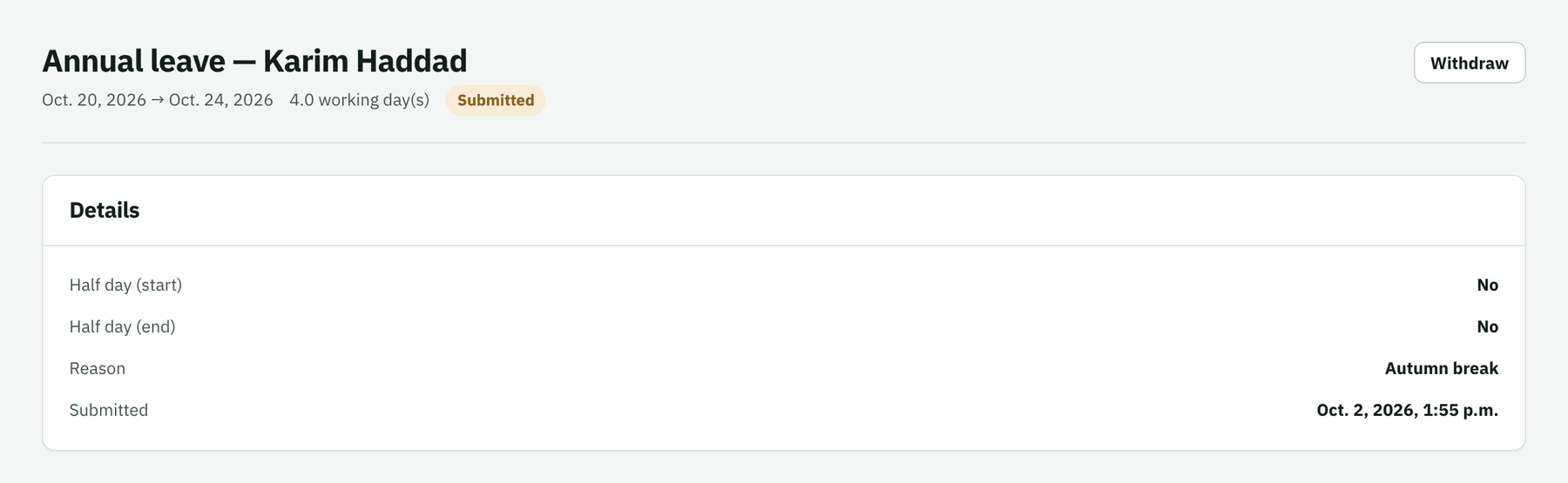 Submitted leave request awaiting approval