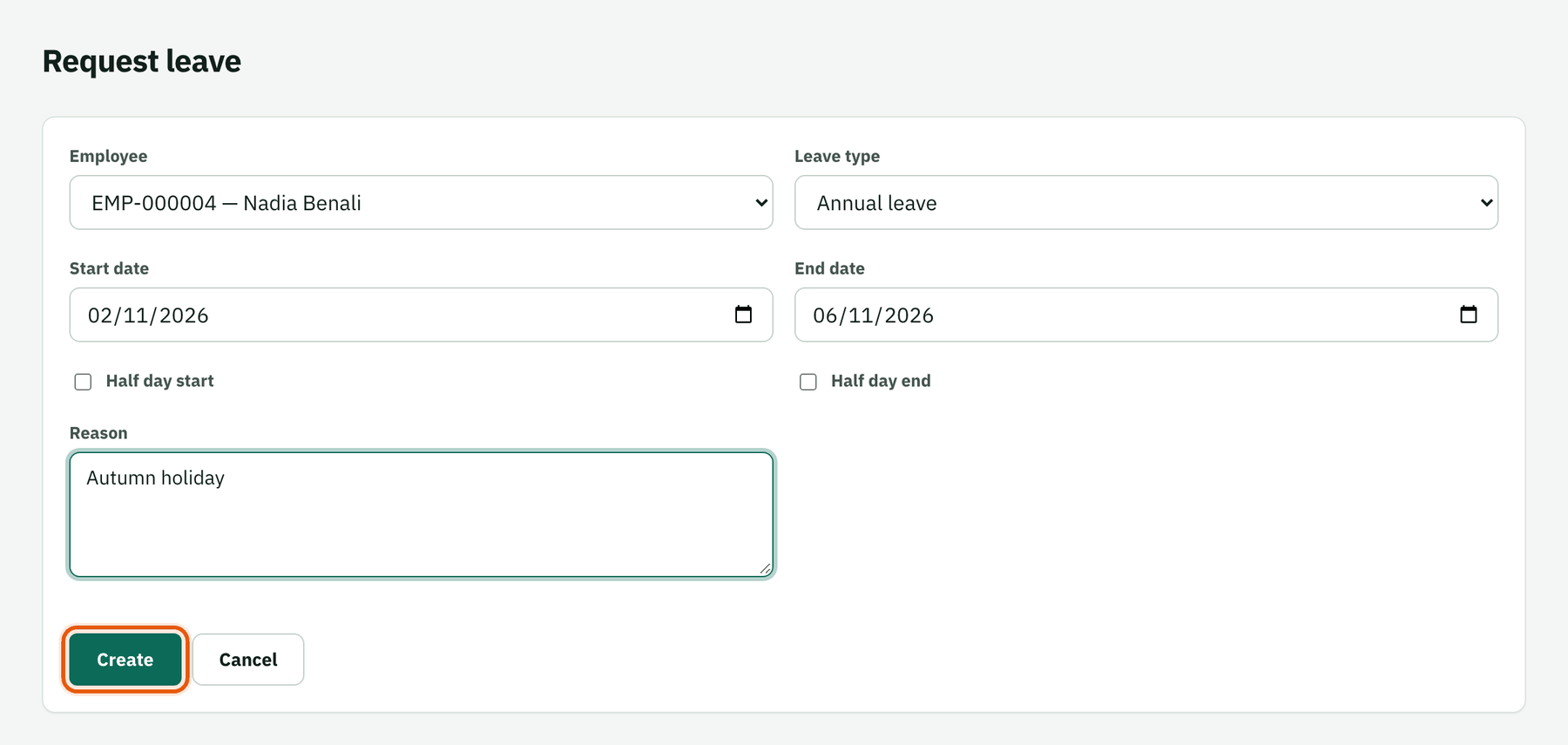 Request leave form for Nadia Benali, annual leave 2–6 November