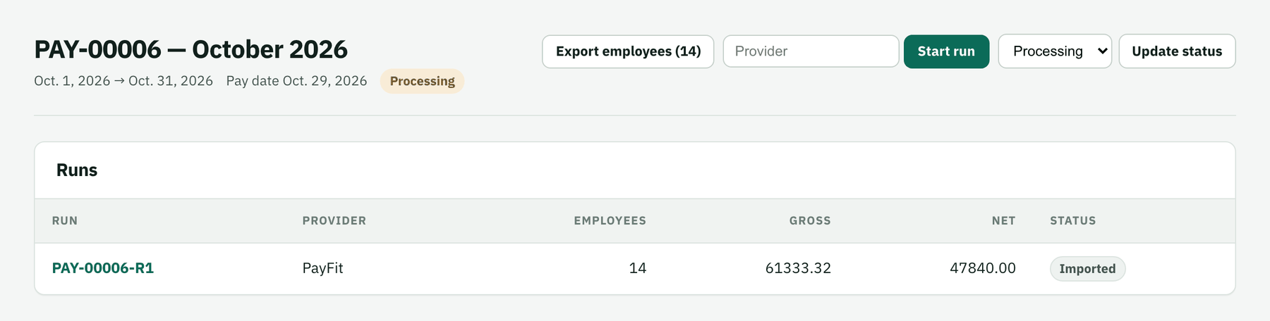 October 2026 pay period with its run