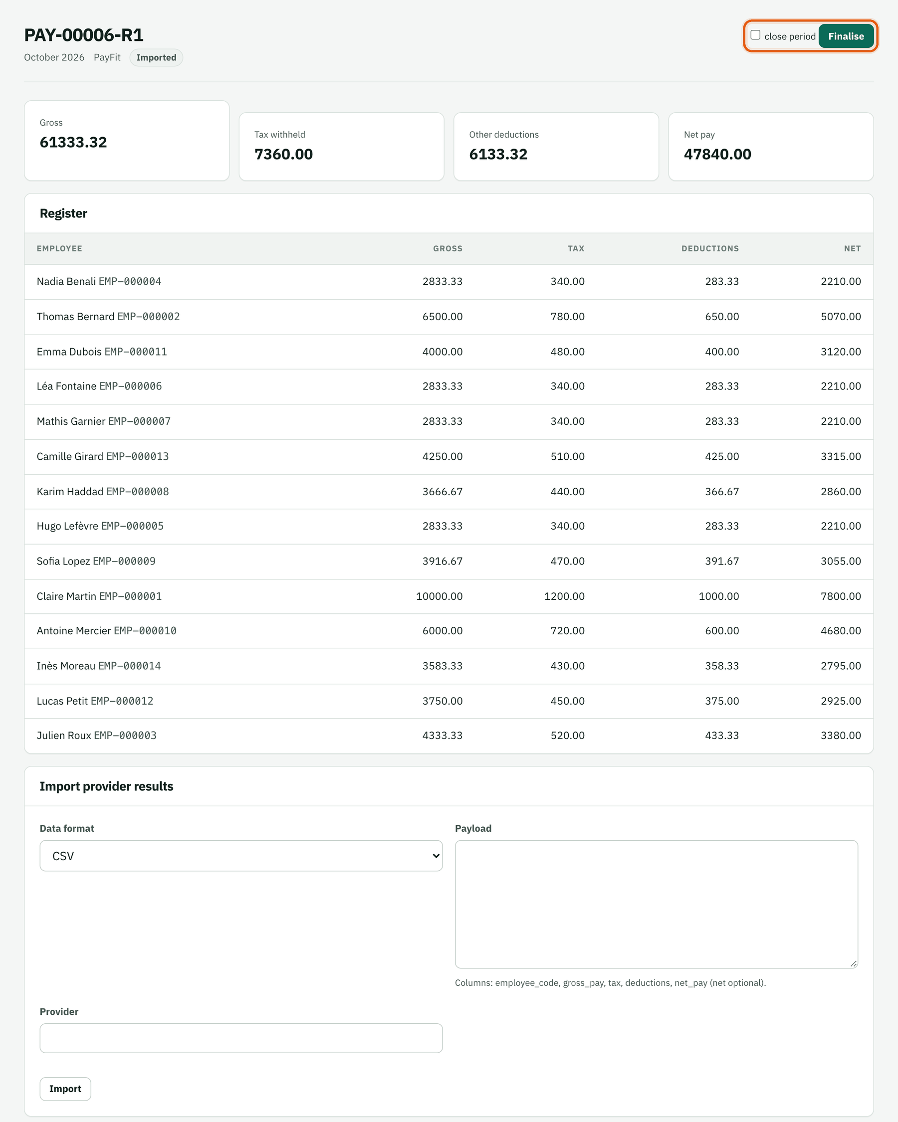 Imported October run with gross, tax, deductions and net per employee
