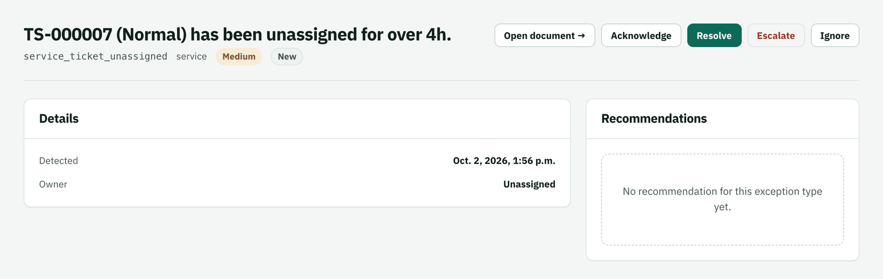 Exception: a support ticket unassigned for over 4 hours