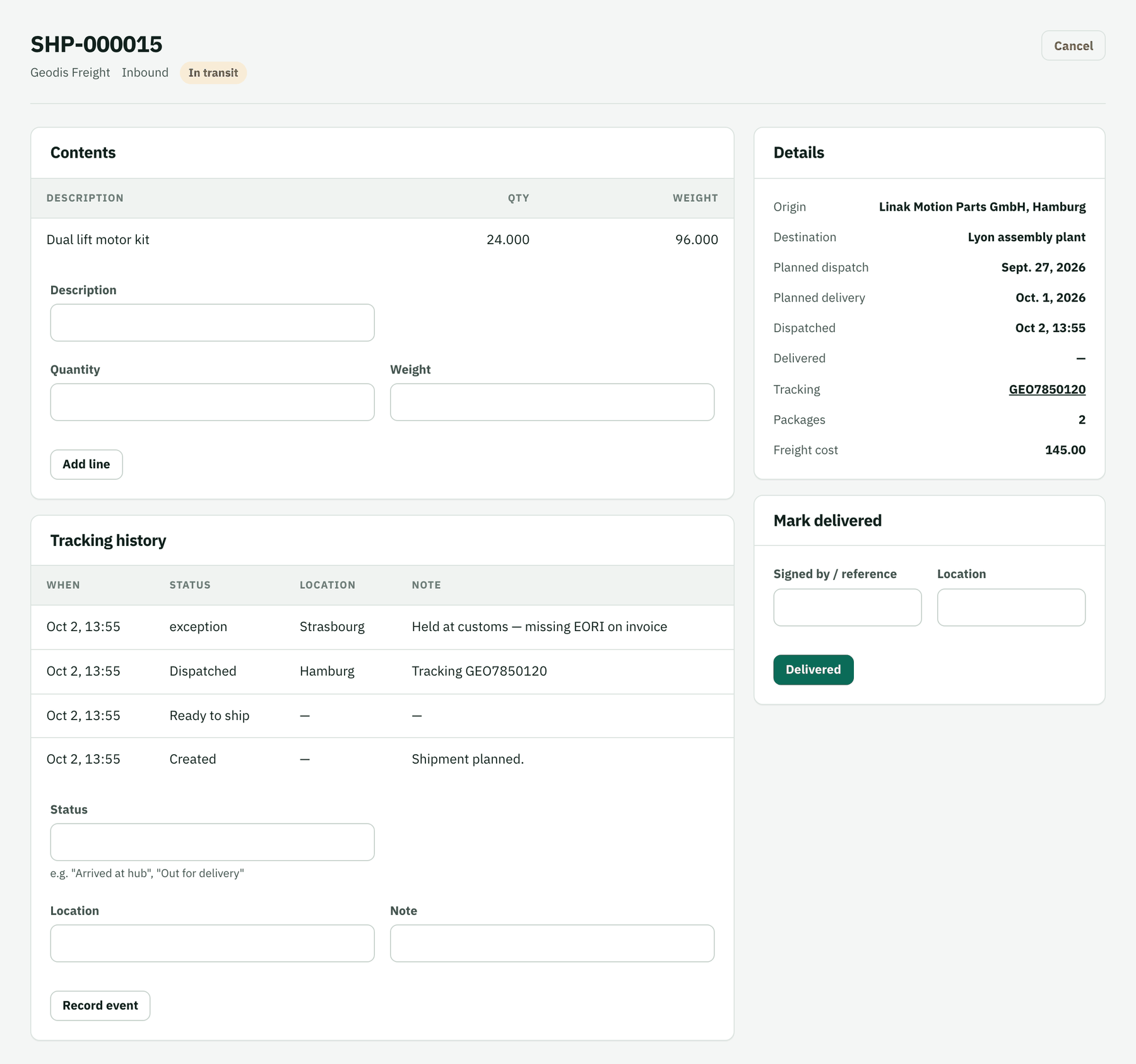 Inbound shipment with a customs exception event