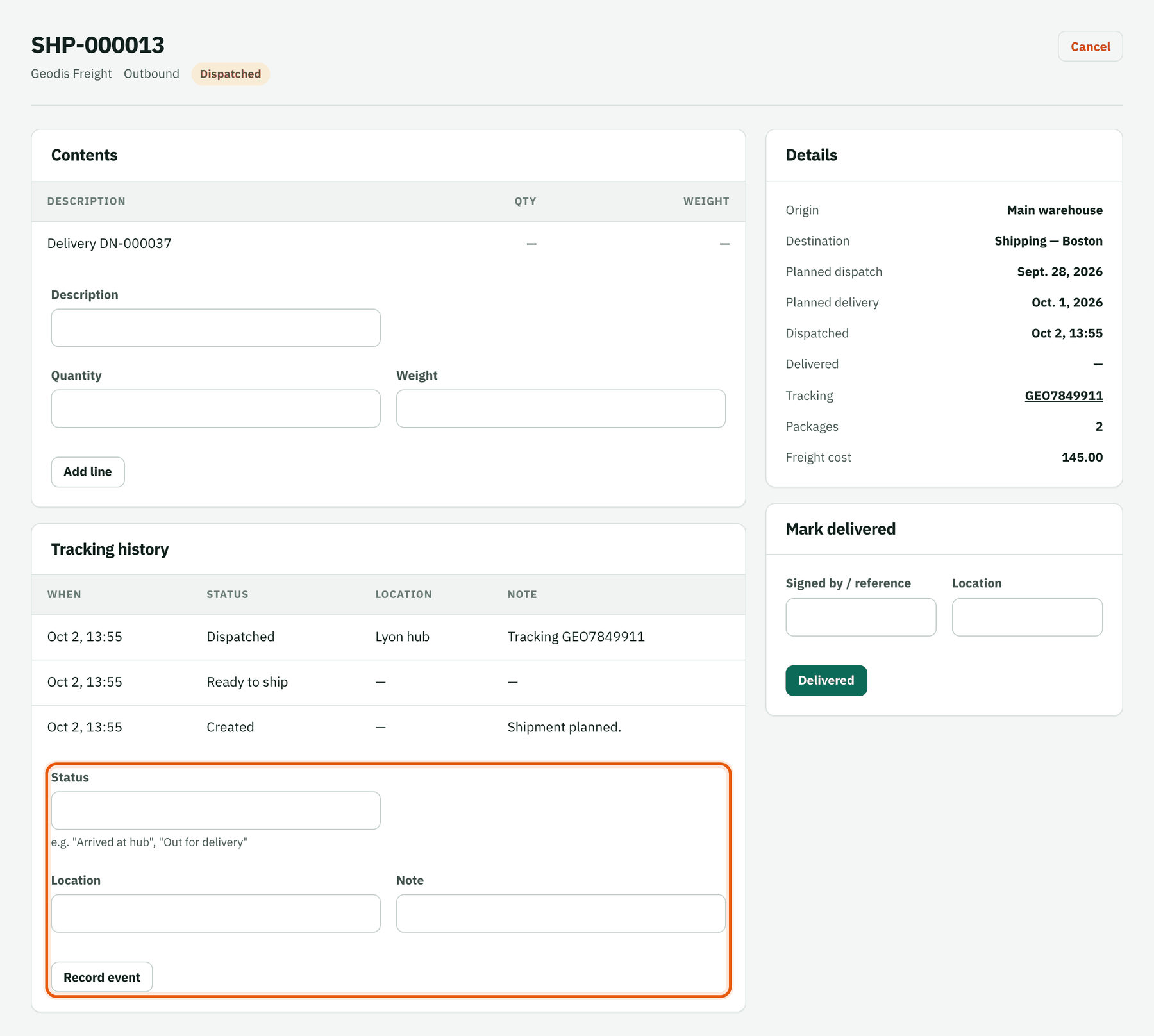 Dispatched shipment with tracking history and the record-event form