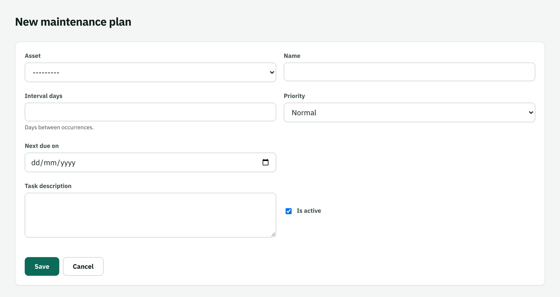 New maintenance plan form