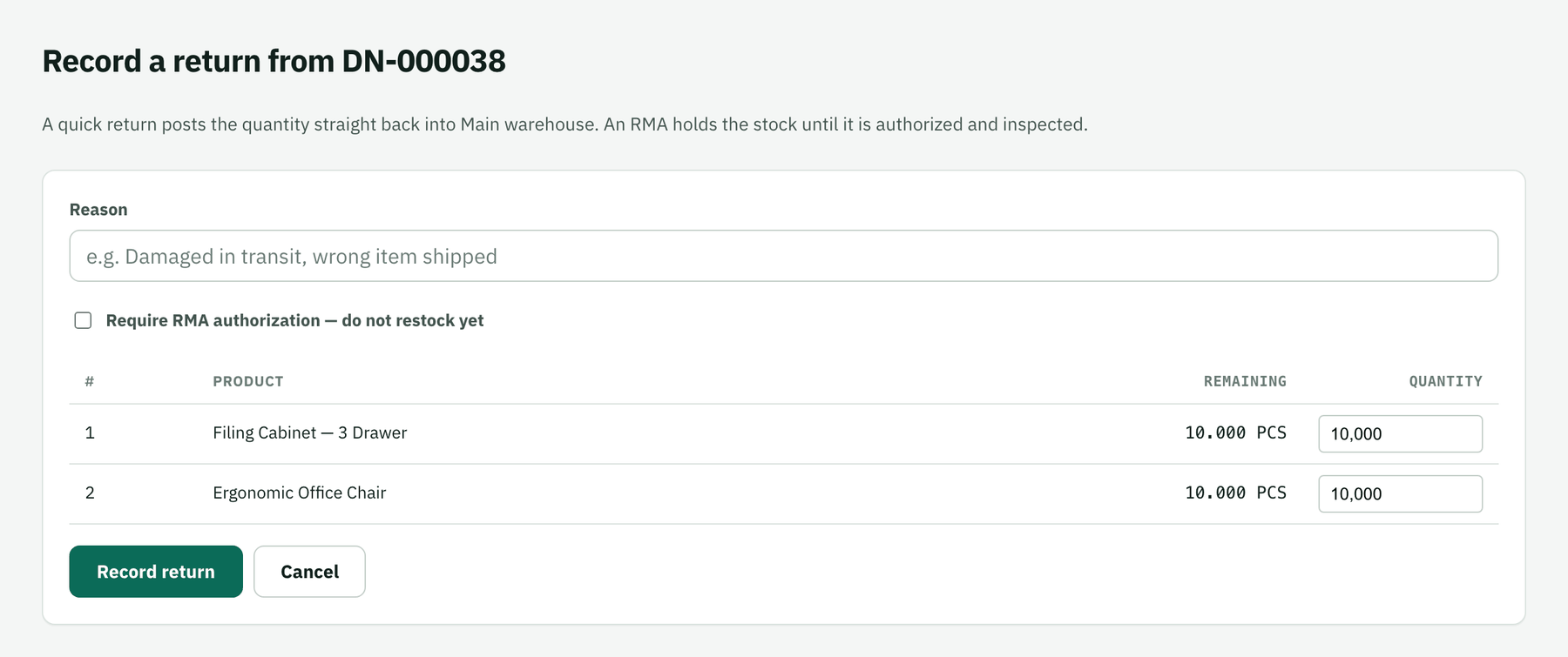 Record return form with a quantity field per delivery line and a reason field