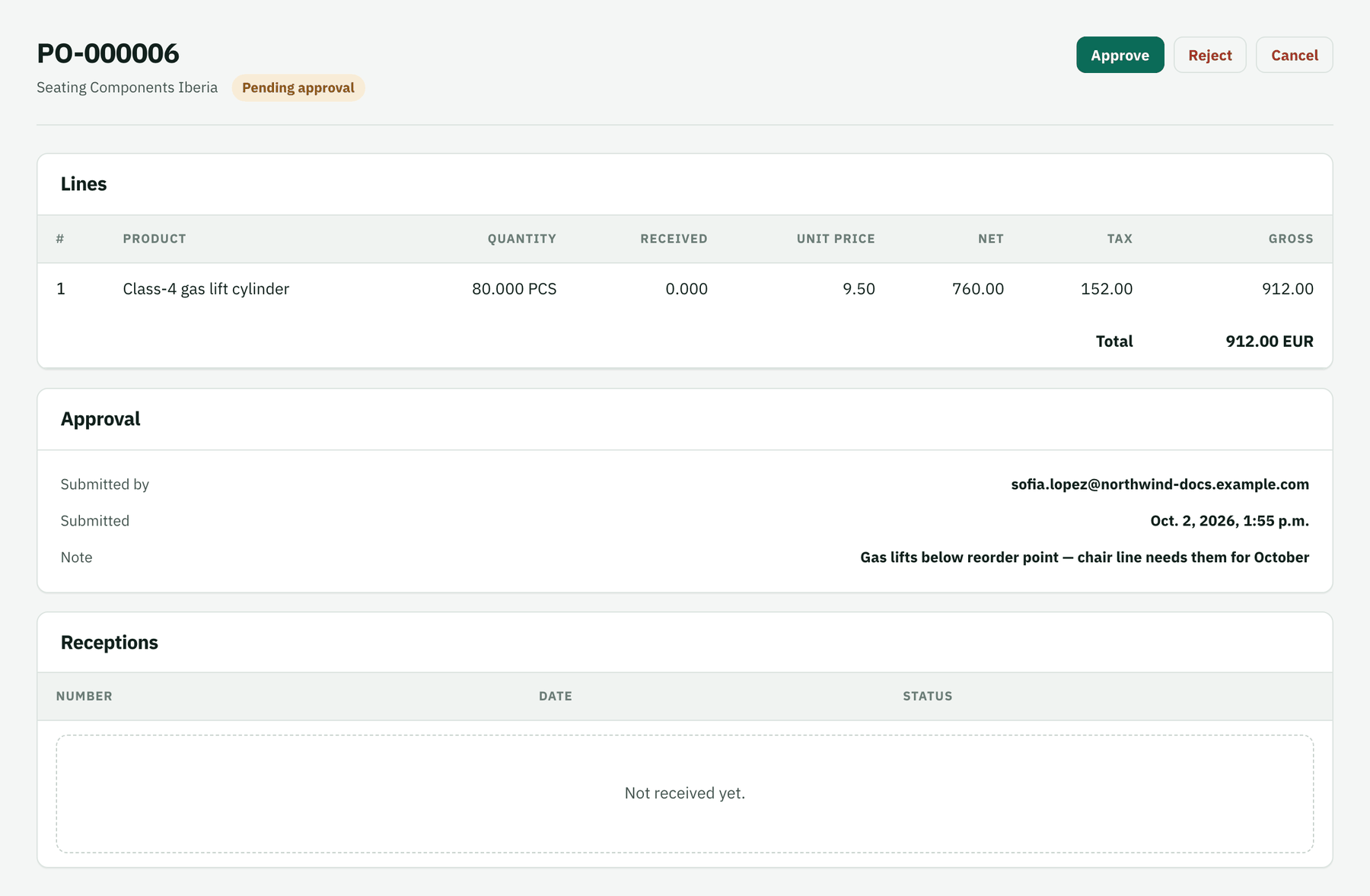 Purchase order opened from the inbox, with Approve and Reject