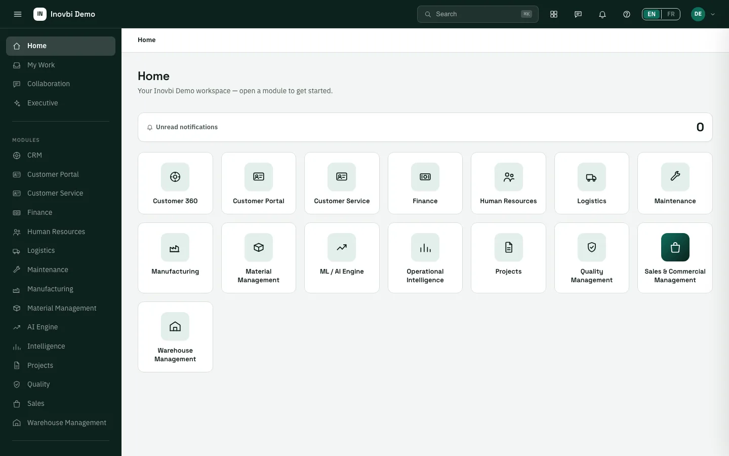 Le catalogue de modules ESM — tous les modules installables dans un même espace de travail.